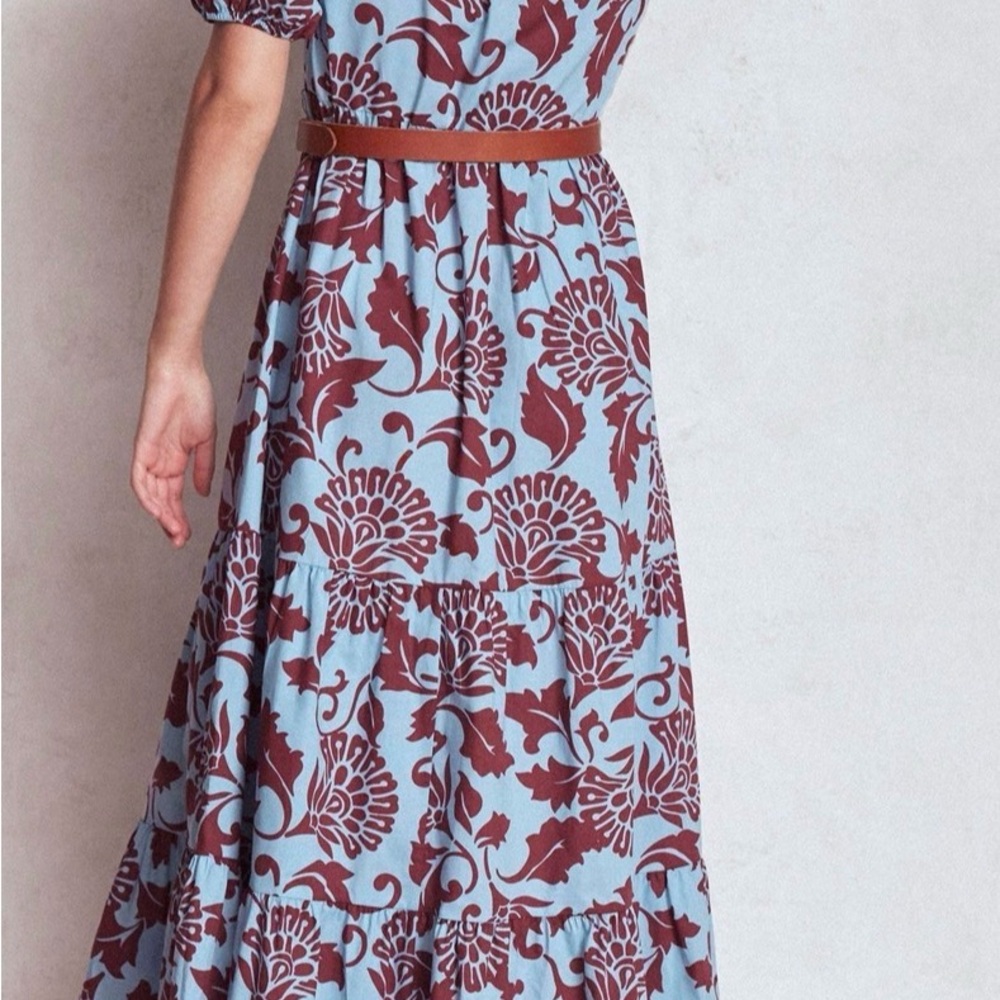 Boden dress NWT 10 Christabel cotton Dress Light Blue and Burgundy Midi Dress - Picture 2 of 13